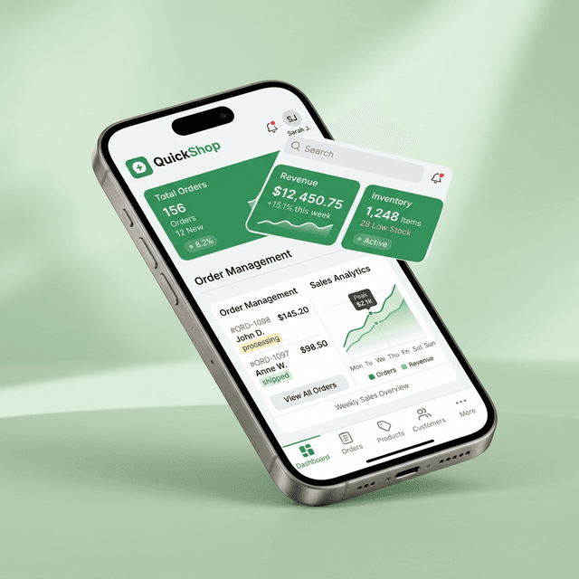 QuickShop dashboard running on an iPhone showing product catalog and analytics